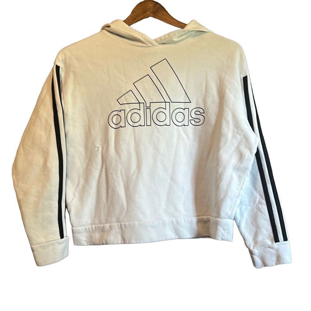 Adidas Girls Hoodie Youth Size 14 White Black Stripes Logo Cropped
